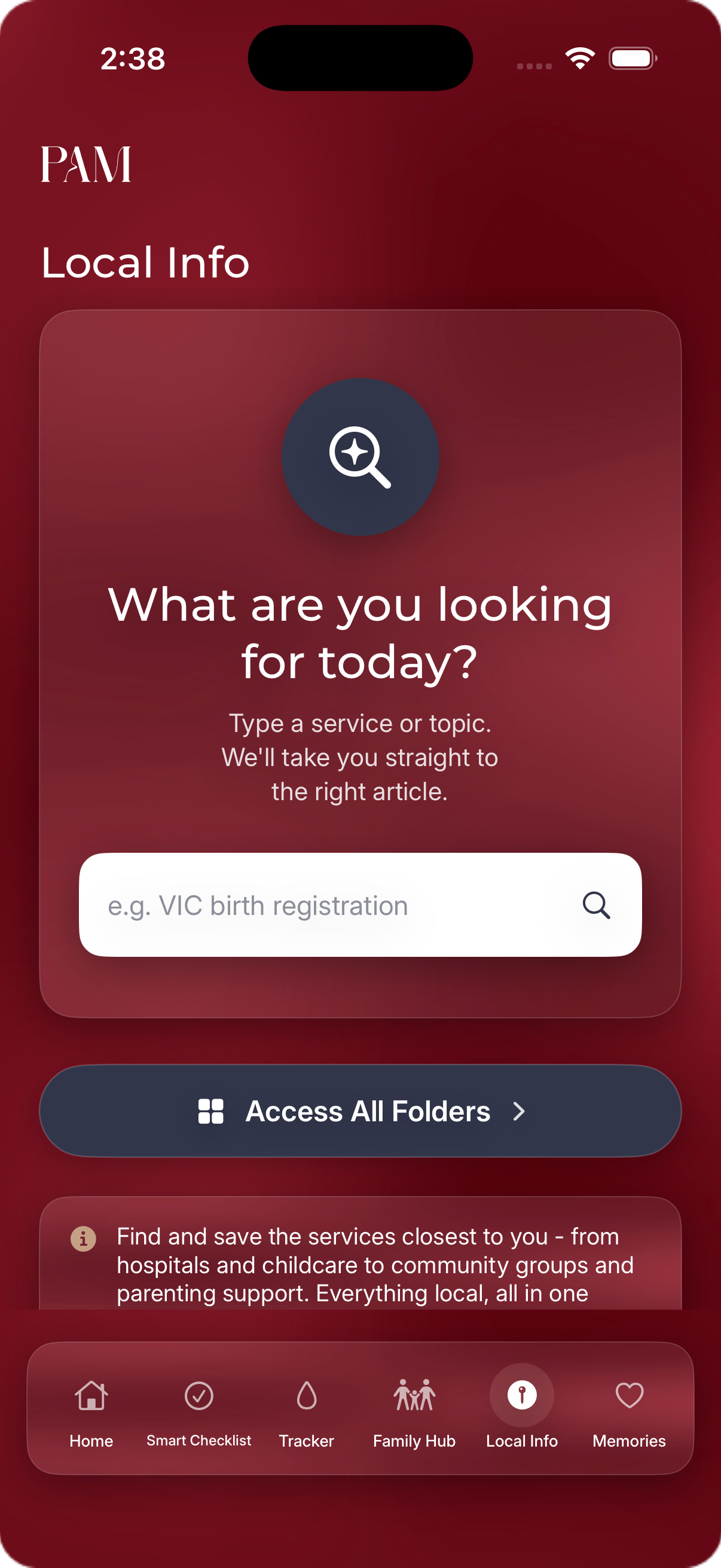 PAM Local Info tab - Find local services and support
