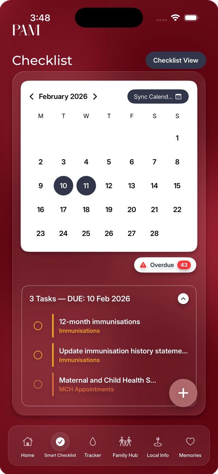PAM Smart Checklist tab - calendar view with upcoming tasks